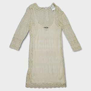 Mango Dress Lace Long Sleeved Cotton Midi Ivory White Medium NWT